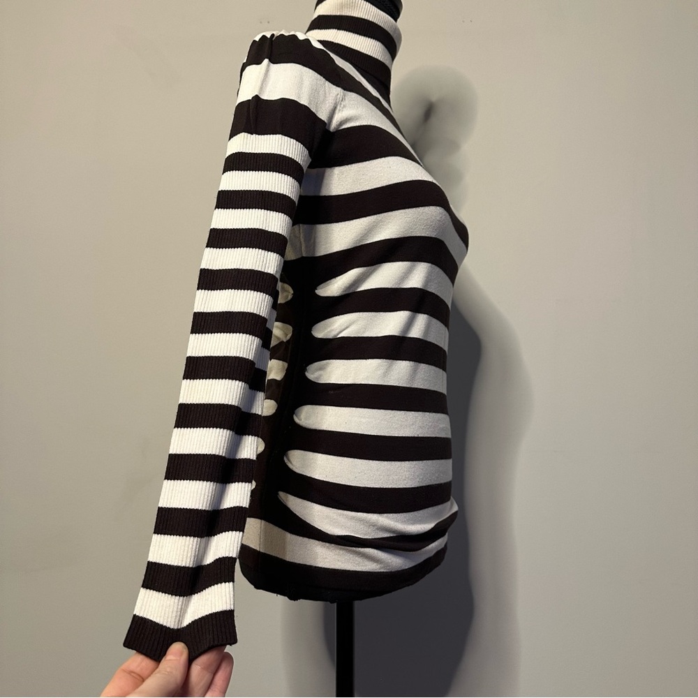 Cache Chocolate Brown & Ivory Striped Turtleneck Sweater Gold Buttons Size M - Picture 9 of 15